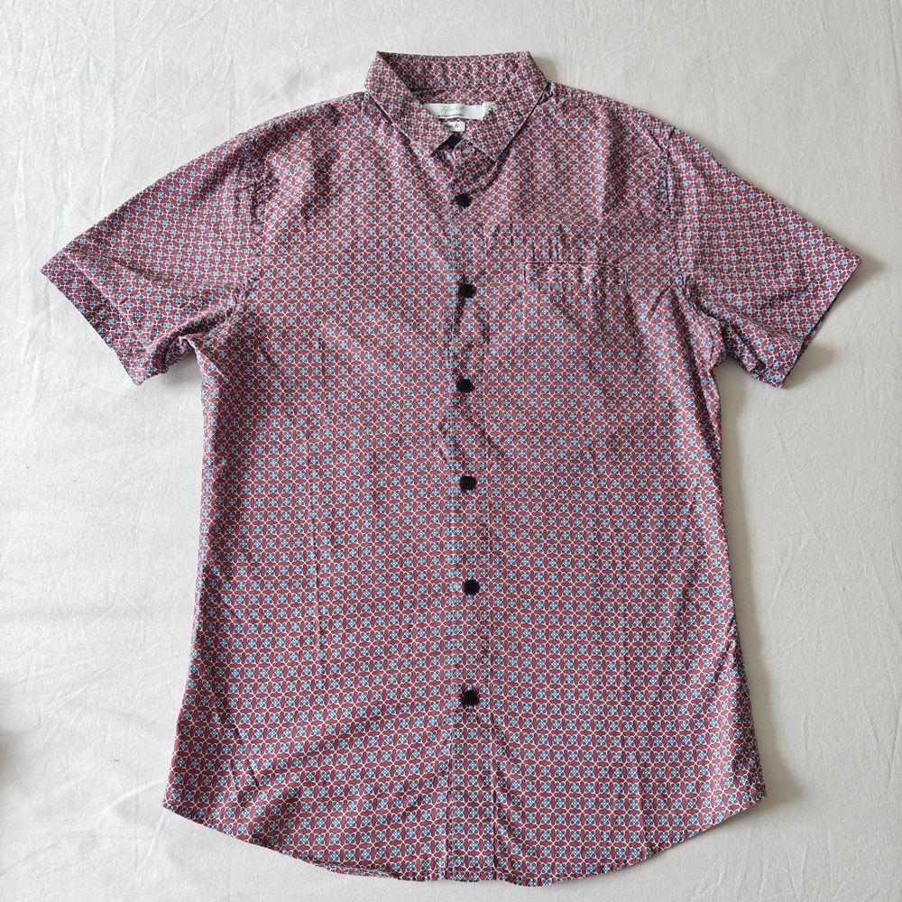 Topman Mens Slim Fit Short Sleeve Button Down Shirt Red Blue Geometric Small